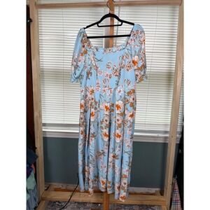 Shein Curve Light Blue Floral Puff Sleeve Square Neck Midi Dress 1XL Cottagecore